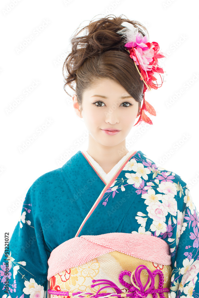 Beautiful asian kimono woman on white background