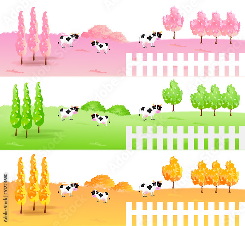 牛　牧場　桜　もみじ　背景