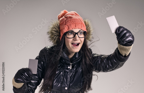 brunette with card photo