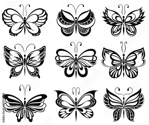 Set of silhouettes of butterflies