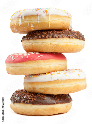 Stack of white, red and brown doughnuts