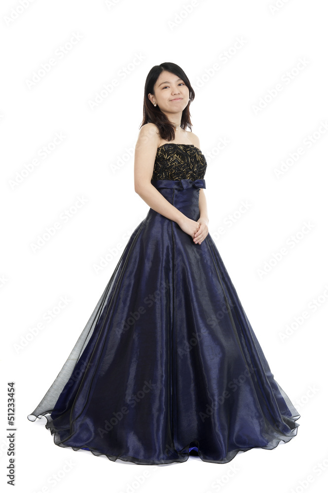 young asian woman in evening dress,  isolated on white