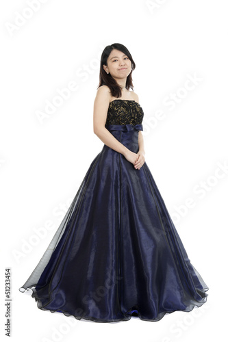 young asian woman in evening dress,  isolated on white