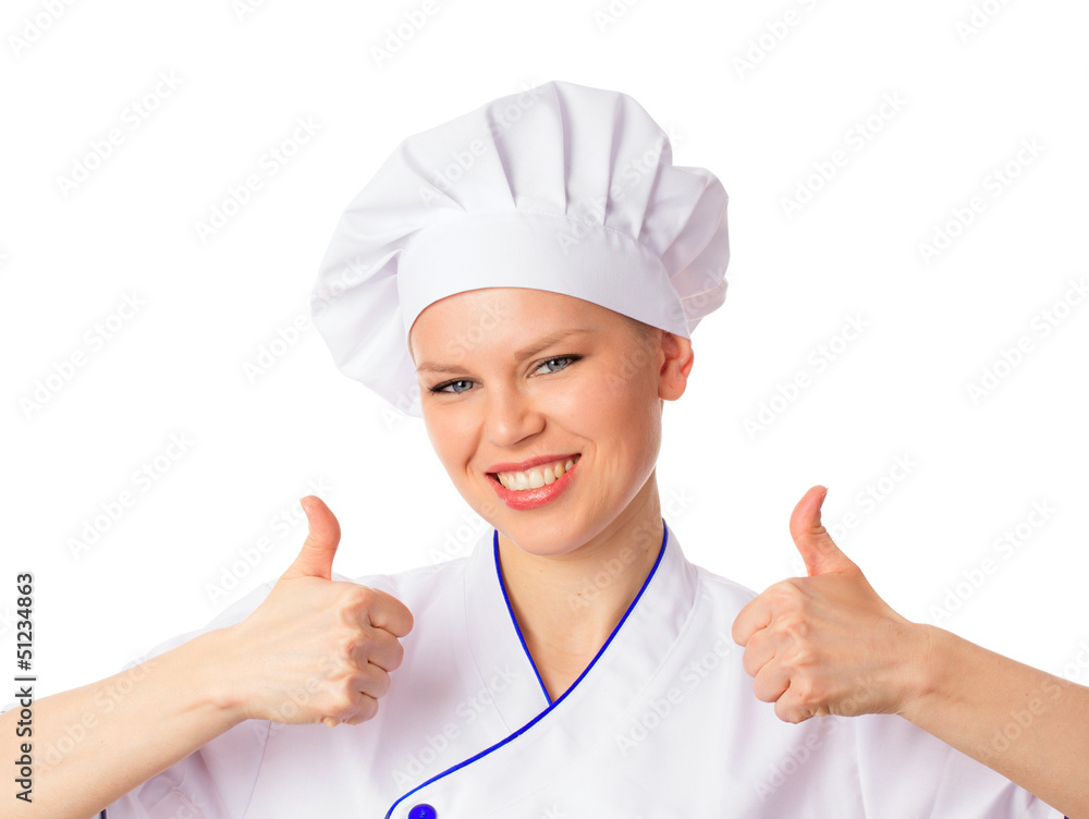 Happy smiling female chef showing ok, isolated on white Happy smiling female chef showing ok, isolated on white