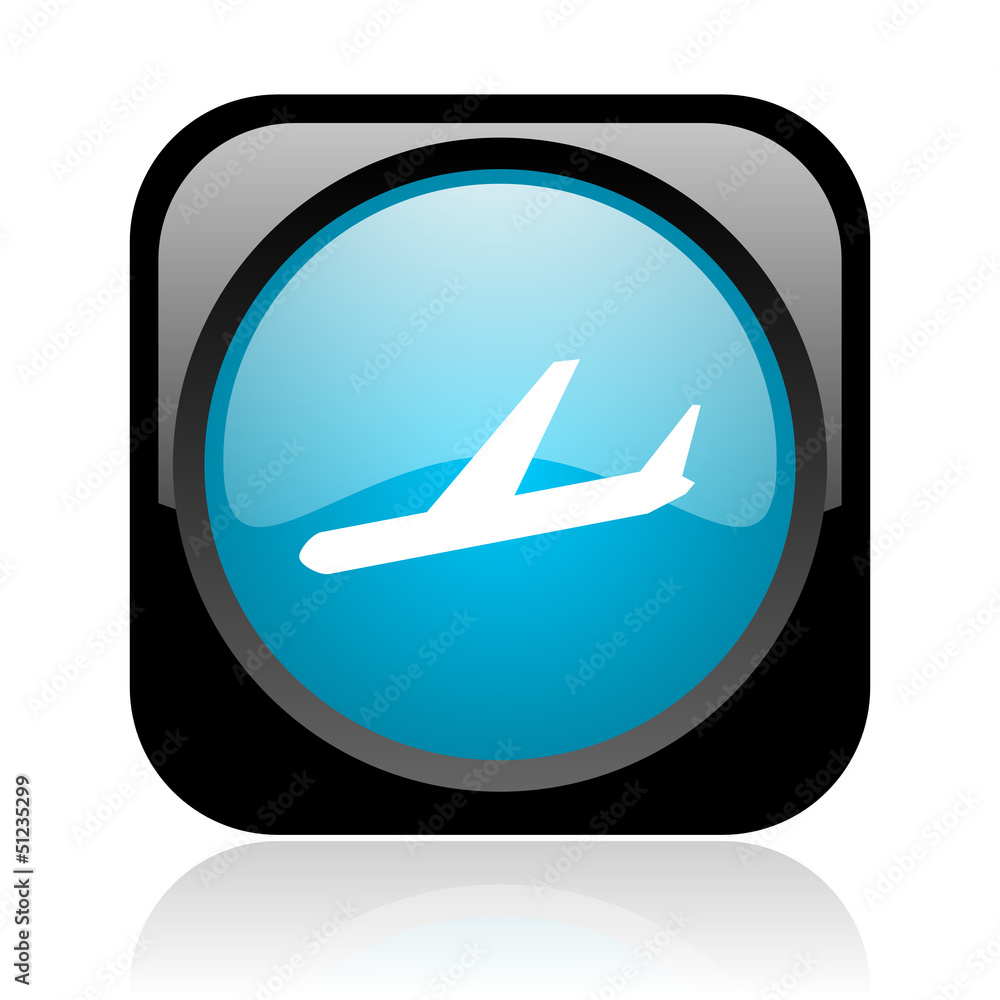 airplane black and blue square web glossy icon
