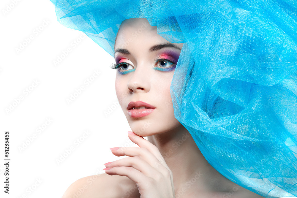 portrait of beautiful girl with a hat from a blue veil portrait of beautiful girl with a hat from a blue veil