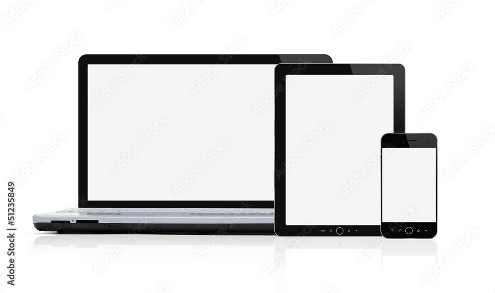 Set of blank mobile devices with clipping path for screens