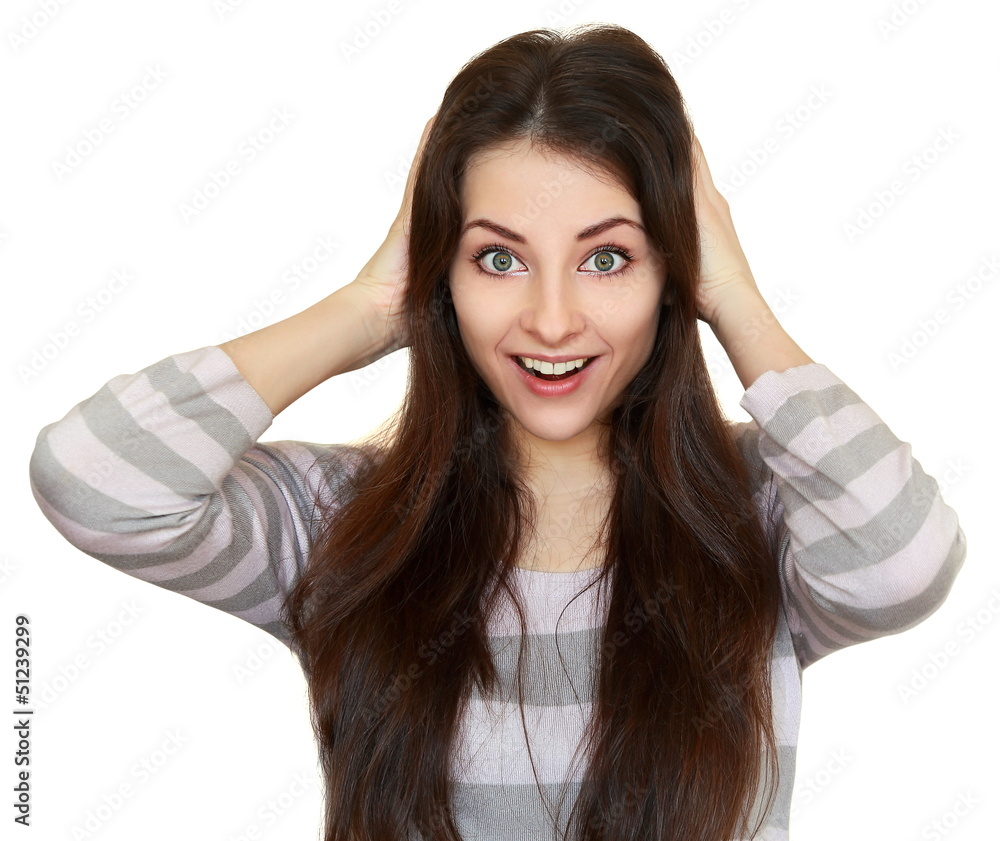 Surprising woman with opened mouth holding hands head isolated Surprising woman with opened mouth holding hands head isolated
