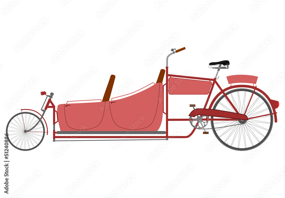 Sylwetka starego roweru typu "long john" do przewozu osób. - obrazy, fototapety, plakaty 