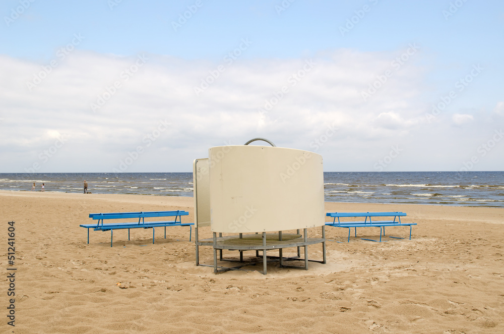 blue wooden bench change cabin sea beach people blue wooden bench change cabin sea beach people