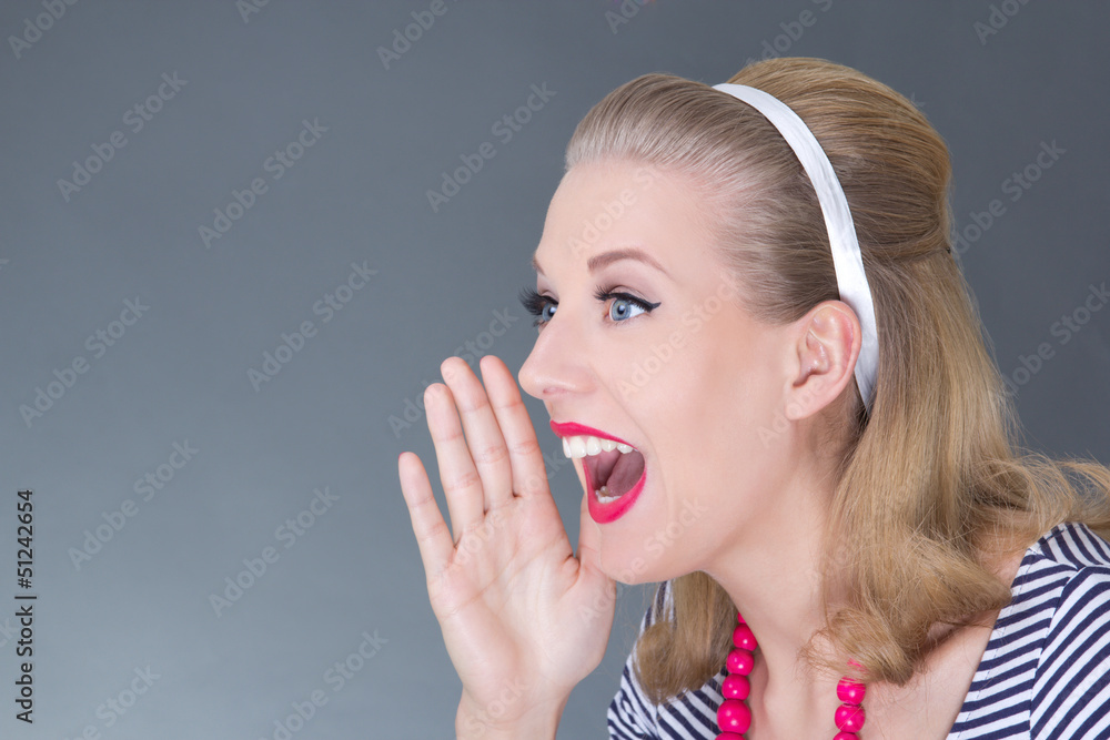 young attractive pinup girl in striped dress screaming young attractive pinup girl in striped dress screaming