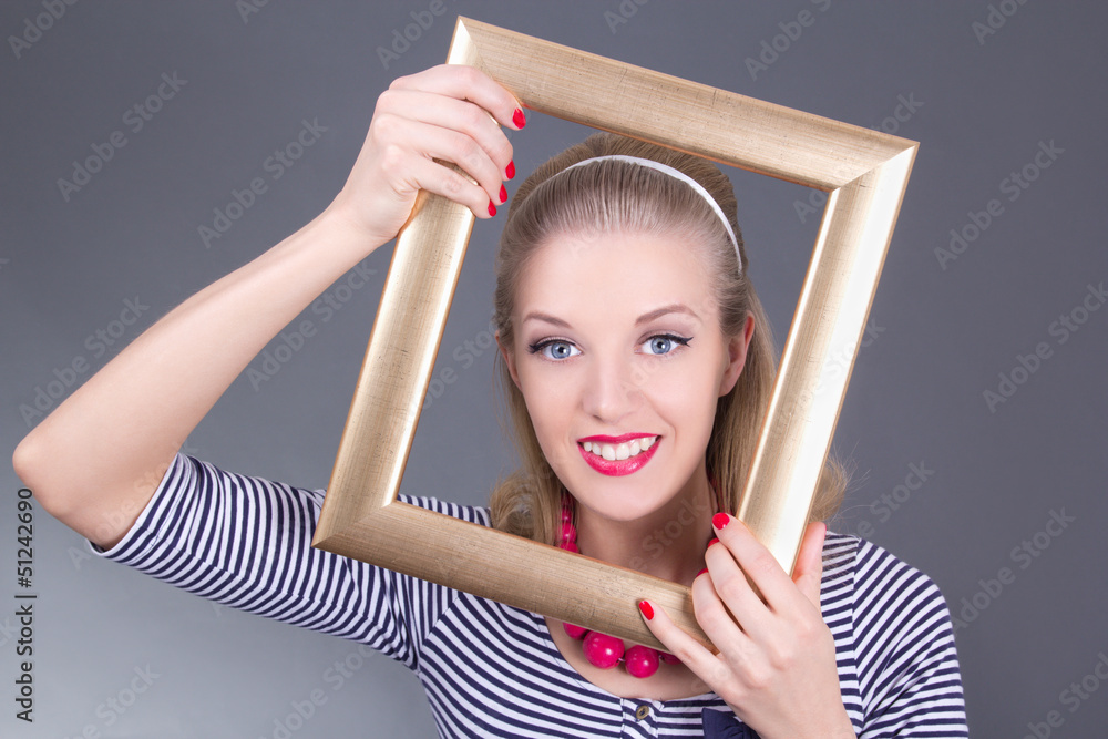 young attractive blondie pinup girl in striped dress with photo young attractive blondie pinup girl in striped dress with photo