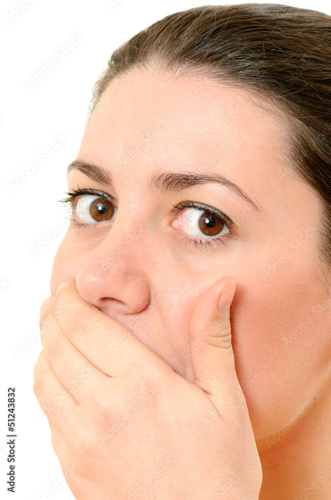 Bright picture of pretty woman with hand over mouth Bright picture of pretty woman with hand over mouth