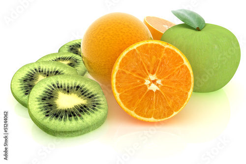 slices of kiwi, apple, orange and half orange on a white
