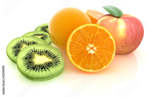 slices of kiwi  apple  orange and half orange on a white