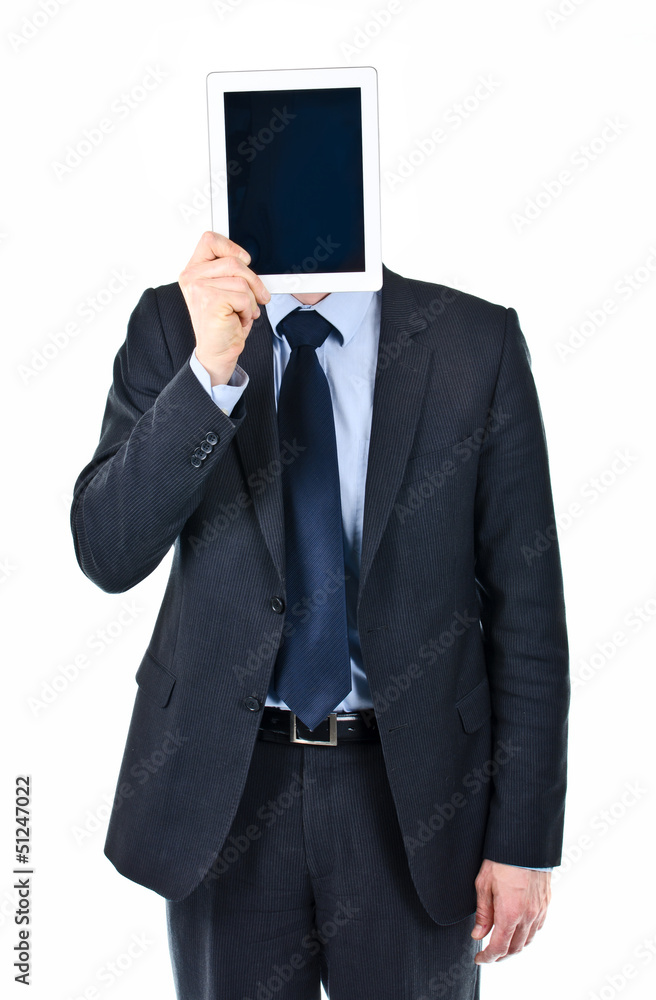 businessman holding Ipad in front of his head businessman holding Ipad in front of his head