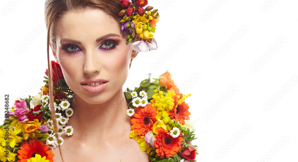 Woman with hairstyle and flower. Isolated.