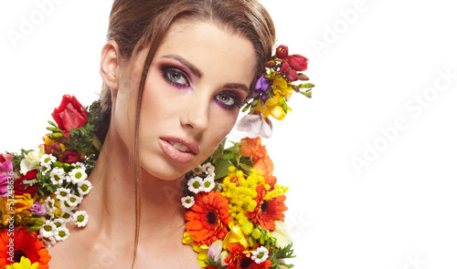 Woman with hairstyle and flower. Isolated.