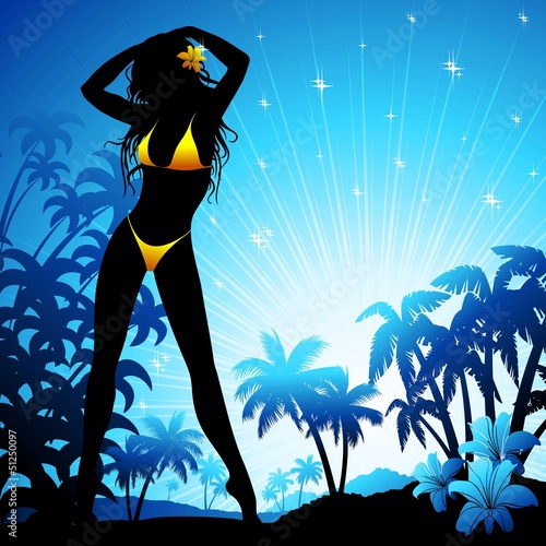 Sexy Girl Silhouette on Blue Tropics-Ragazza in Costume da Bagno