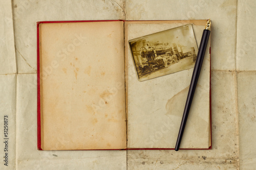 Background with vintage photograph and empty open book
