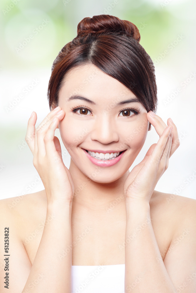 Beautiful woman smile face and finger touch her eyes Beautiful woman smile face and finger touch her eyes