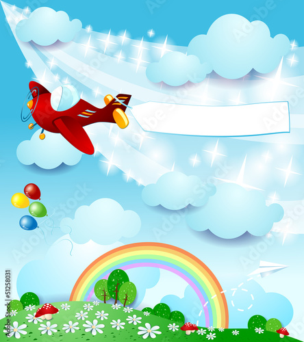 Spring landscape with airplane and banner