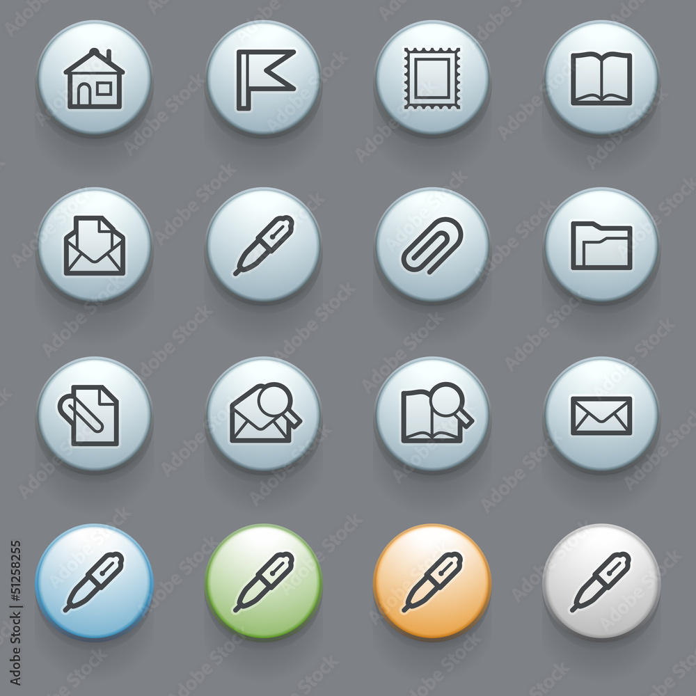 E-mail web icons with color buttons on gray background.