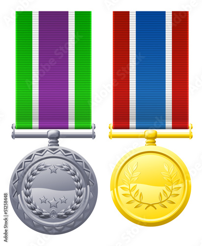 Two metal chest medals and ribbons