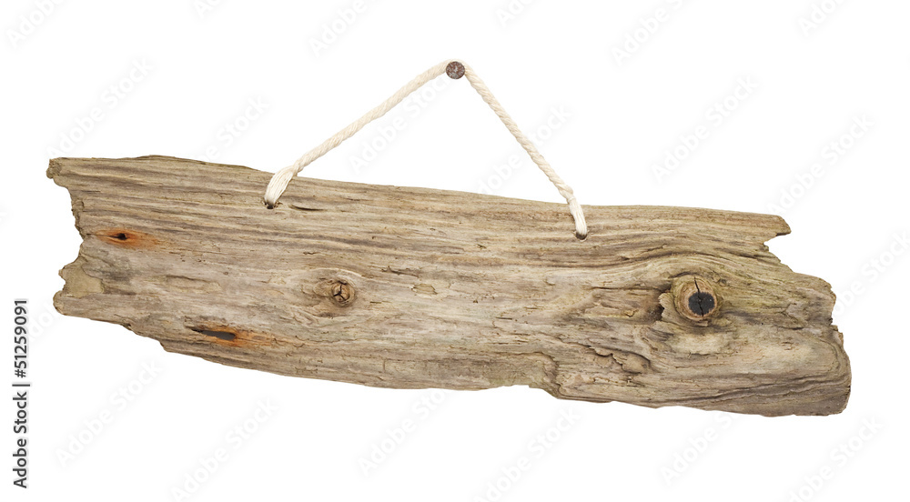 isolated Driftwood wooden sign board on string - obrazy, fototapety, plakaty 
