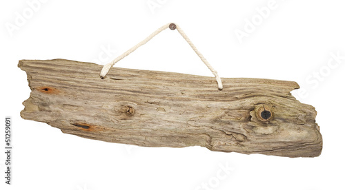 isolated Driftwood wooden sign board on string photo