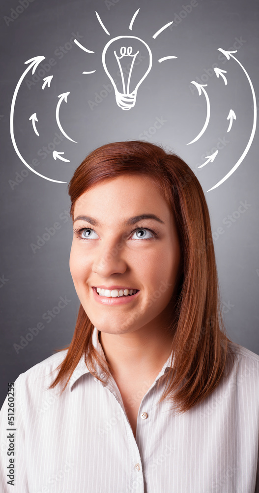 Pretty lady thinking with arrows and light bulb overhead Pretty lady thinking with arrows and light bulb overhead