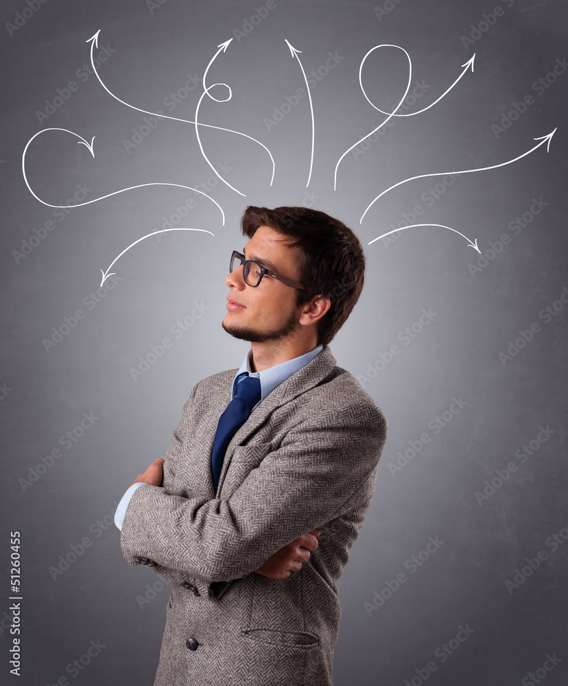 Young man thinking with arrows overhead