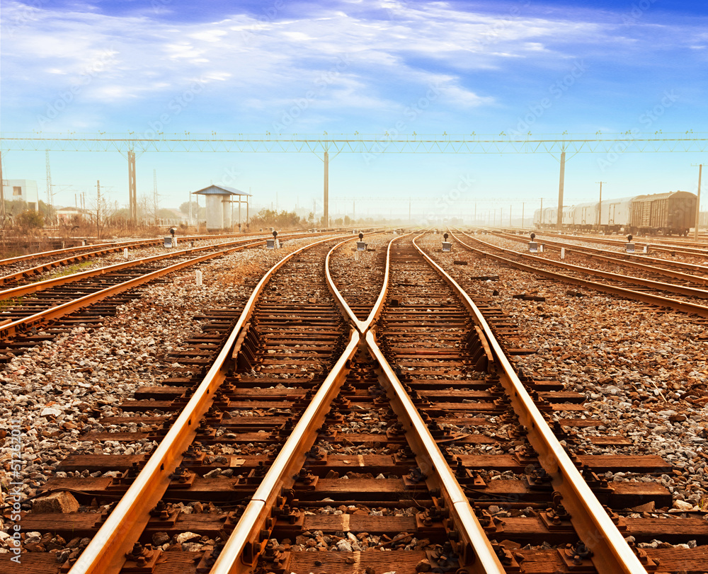 reight train passing by on sunset beam