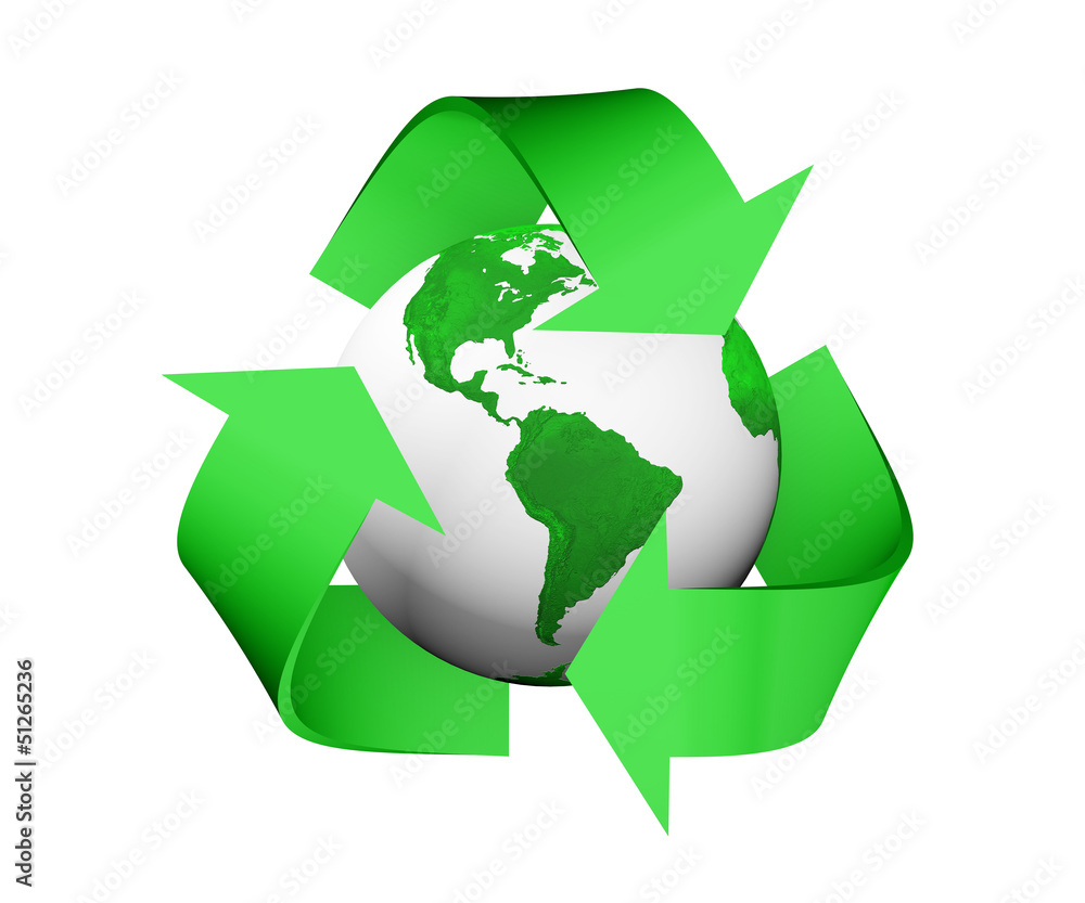 recycle icon is covering a green and white earth recycle icon is covering a green and white earth