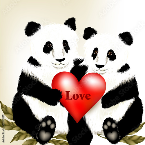 Cute couple of cartoon  panda bears holding big red heart with w