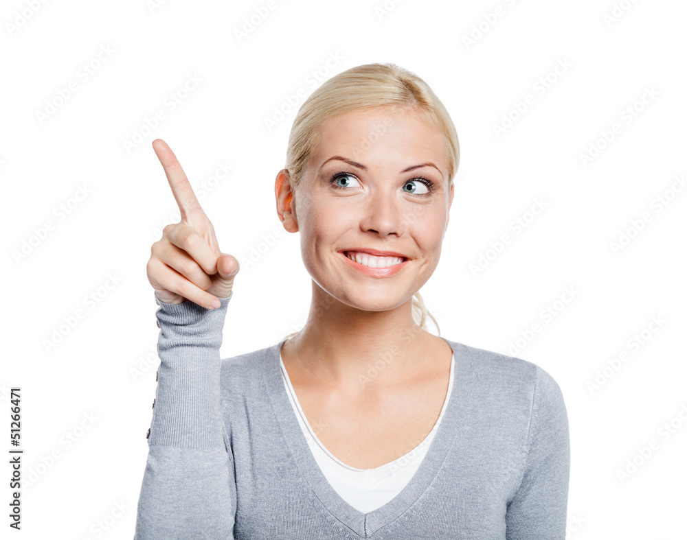 Woman pointing up with forefinger, isolated on white Woman pointing up with forefinger, isolated on white