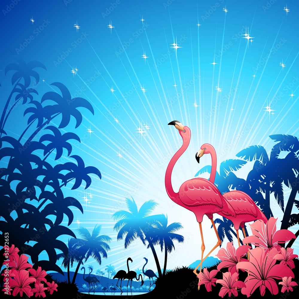 Obraz premium Pink Flamingos on Blue Tropics-Fenicotteri Rosa
