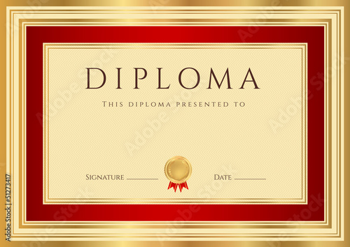 Certificate / Diploma template. Golden, red borders