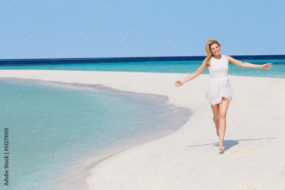 Woman Running On Beautiful Tropical Beach Woman Running On Beautiful Tropical Beach