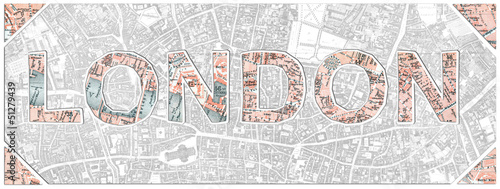 London word cut from an old 1908 scanned map