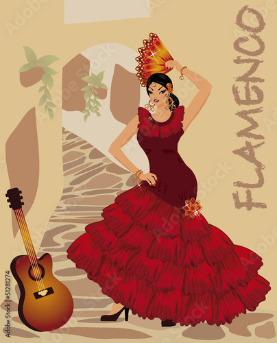 Flamenco dancer girl with fan and guitar, vector
