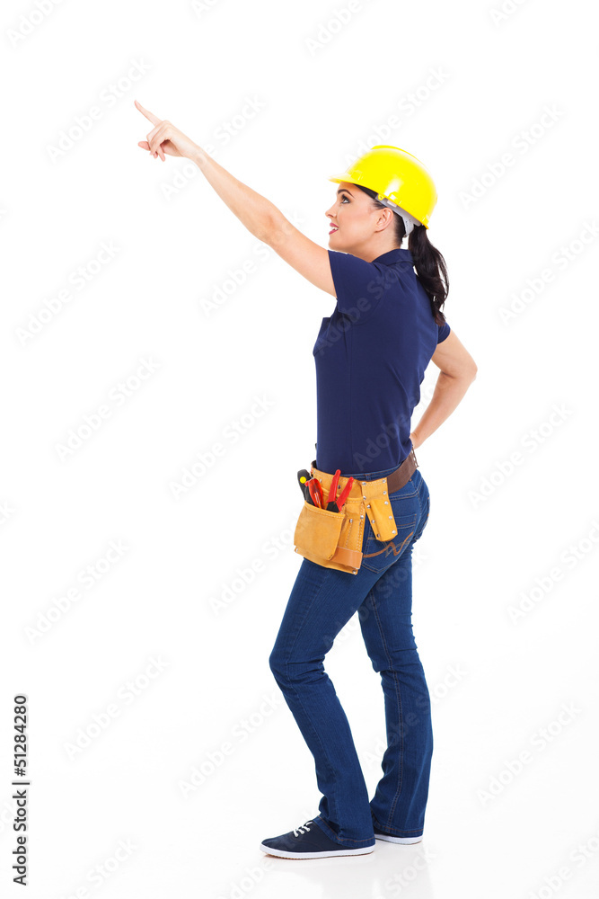 female carpenter pointing female carpenter pointing