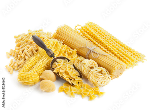 assortment of uncooked pasta isolated on white