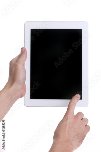 Hands Holding and Using a Tablet Touch Computer Gadget