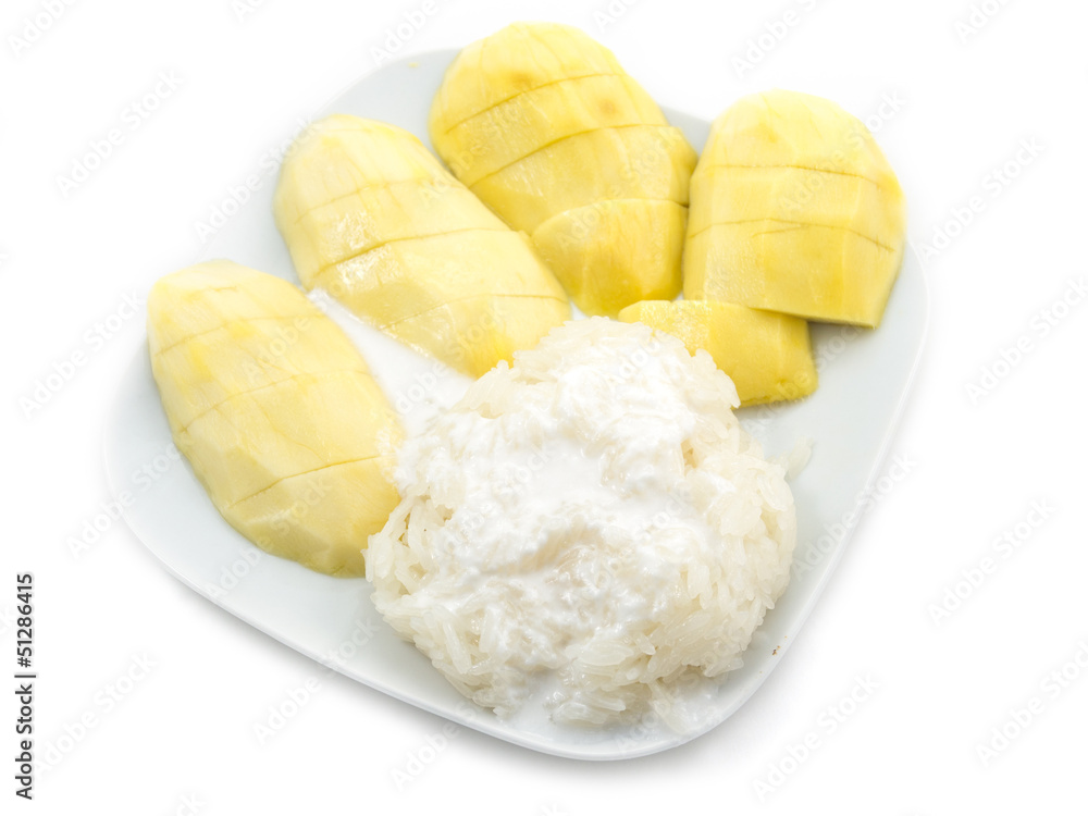 Glutinous rice with mangoes isolated on white Glutinous rice with mangoes isolated on white