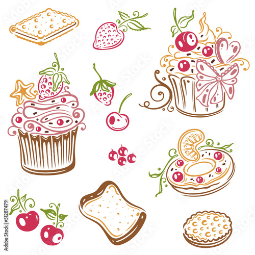 Geburtstag, Kaffee, Kuchen, Früchte, vector set