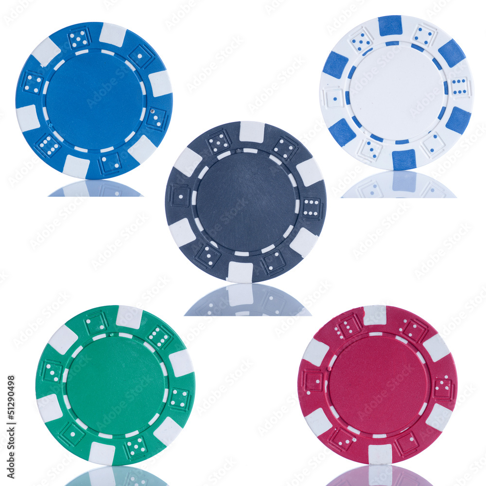 Five poker chips isolated on white background Five poker chips isolated on white background