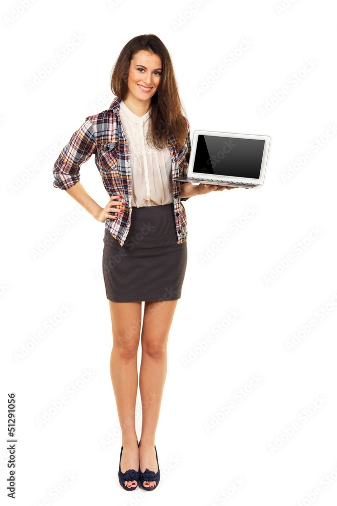 Young Female Showing a Laptop's Blank Screen Young Female Showing a Laptop's Blank Screen