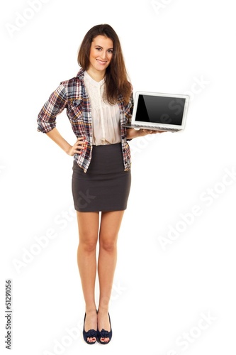 Young Female Showing a Laptop's Blank Screen