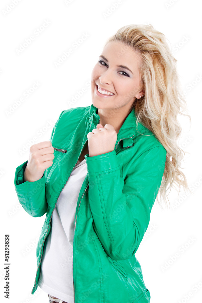 Lachende Powerfrau - blond in Grün isoliert - happy Lachende Powerfrau - blond in Grün isoliert - happy
